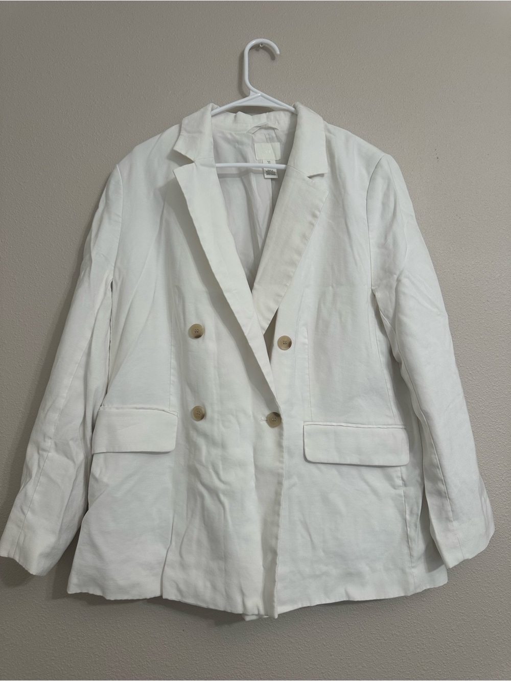 H&M White Double-Breasted Linen-Blend Blazer